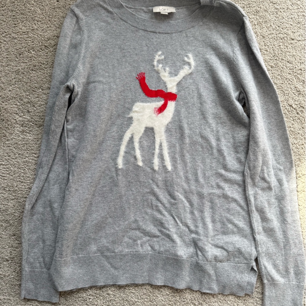 LOFT 100% Cotton Gray Sweater with White Reindeer and Red Scarf